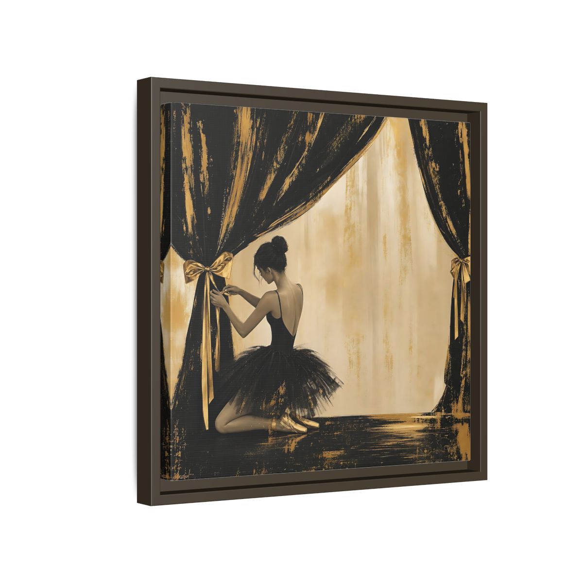 Side Mockup 14. Abstract Ballerina Black And Gold shown as framed canvas print
