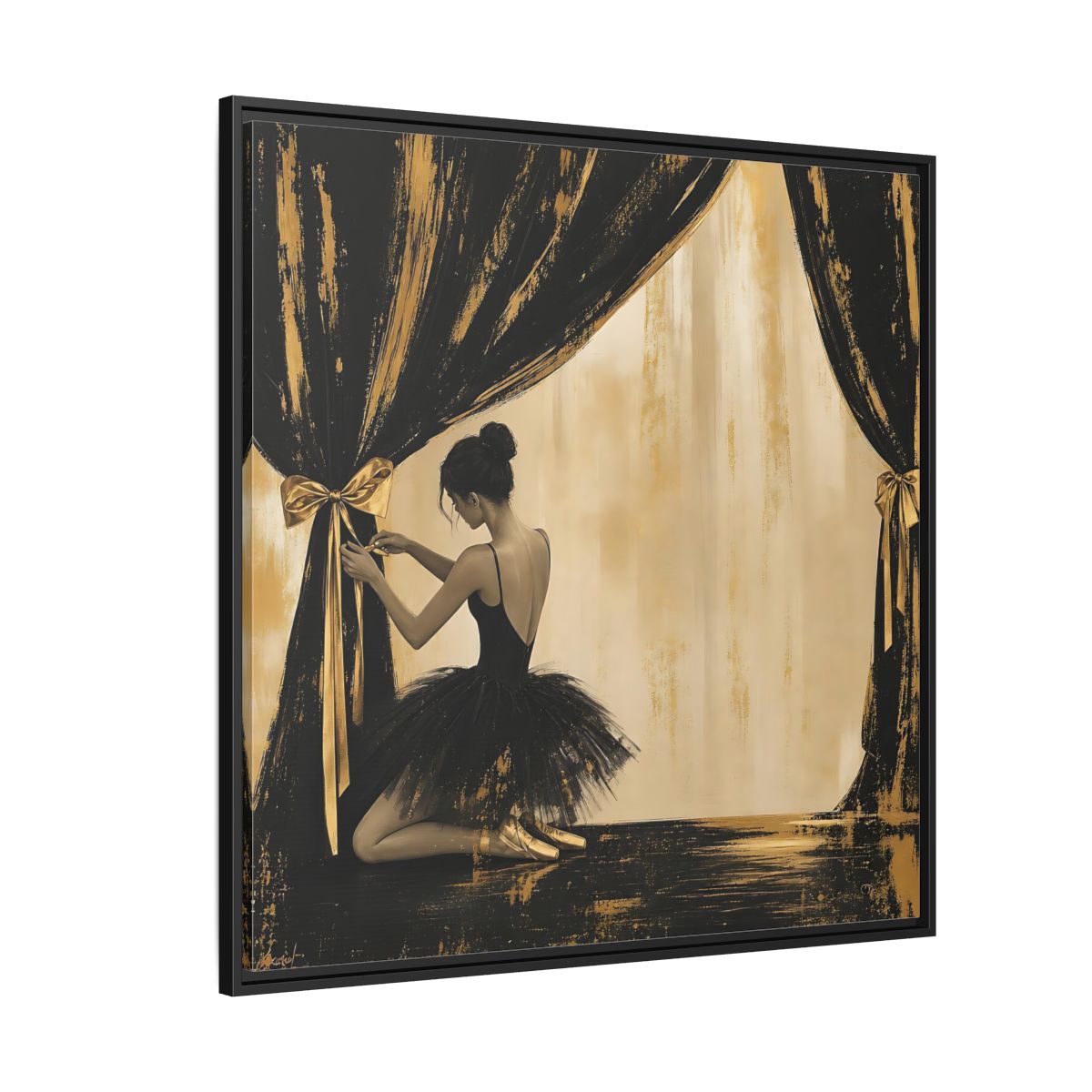 Side Mockup 6. Abstract Ballerina Black And Gold shown as framed canvas print