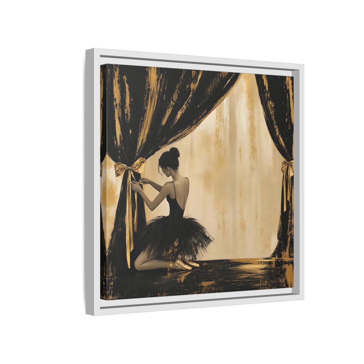 Side Mockup 13. Abstract Ballerina Black And Gold shown as framed canvas print