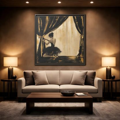Mockup 2. Abstract Ballerina Black And Gold shown as framed canvas print