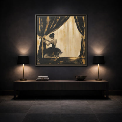 Mockup 3. Abstract Ballerina Black And Gold shown as framed canvas print