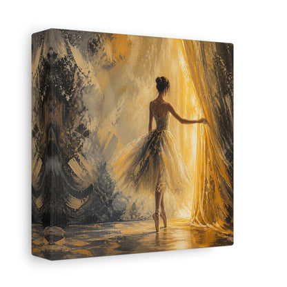 Side Mockup 2. Abstract Ballerina Gold And Grey shown as canvas print