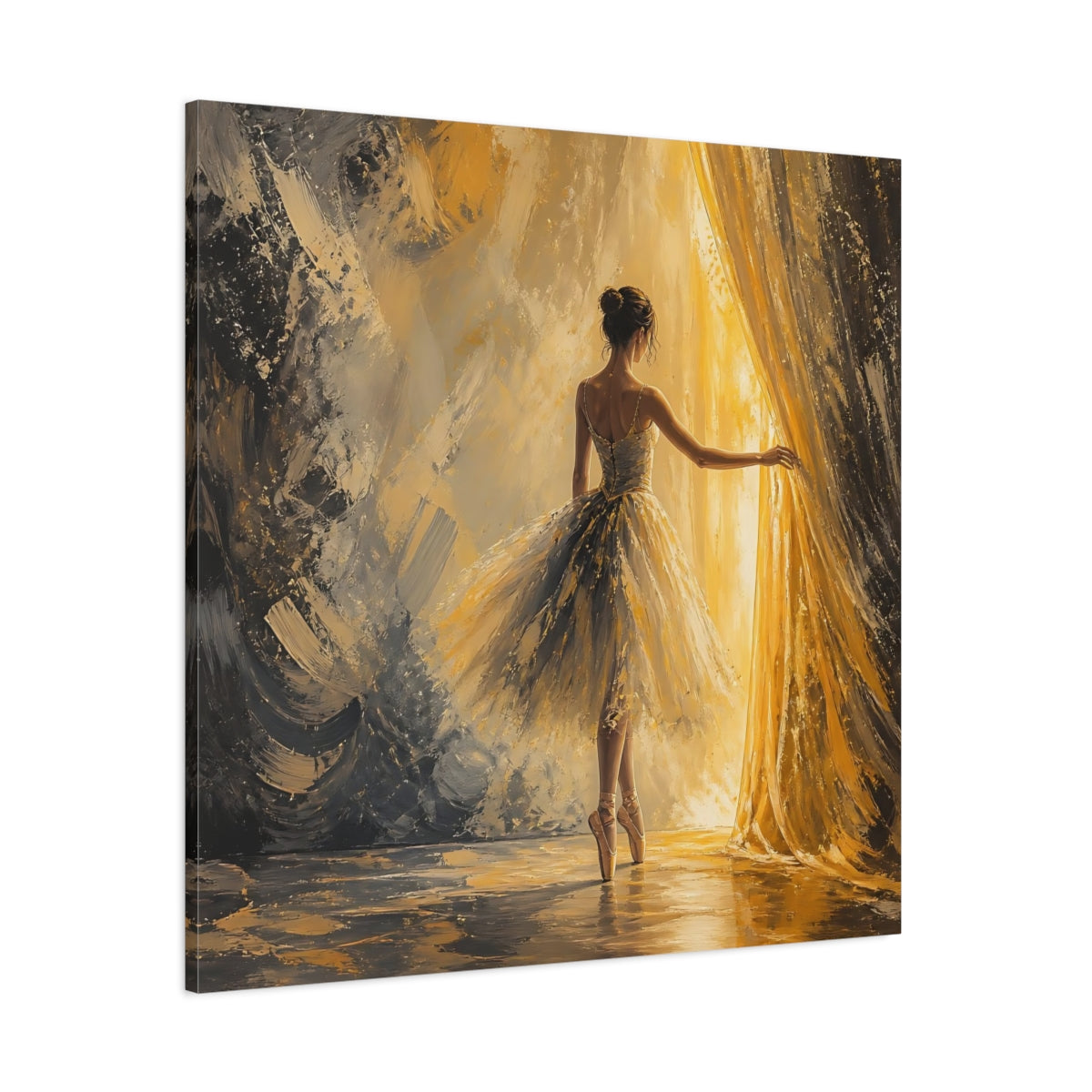 Side Mockup 1. Abstract Ballerina Gold And Grey shown as canvas print