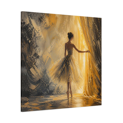 Side Mockup 1. Abstract Ballerina Gold And Grey shown as canvas print