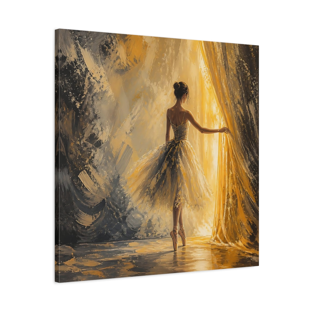 Side Mockup 3. Abstract Ballerina Gold And Grey shown as canvas print