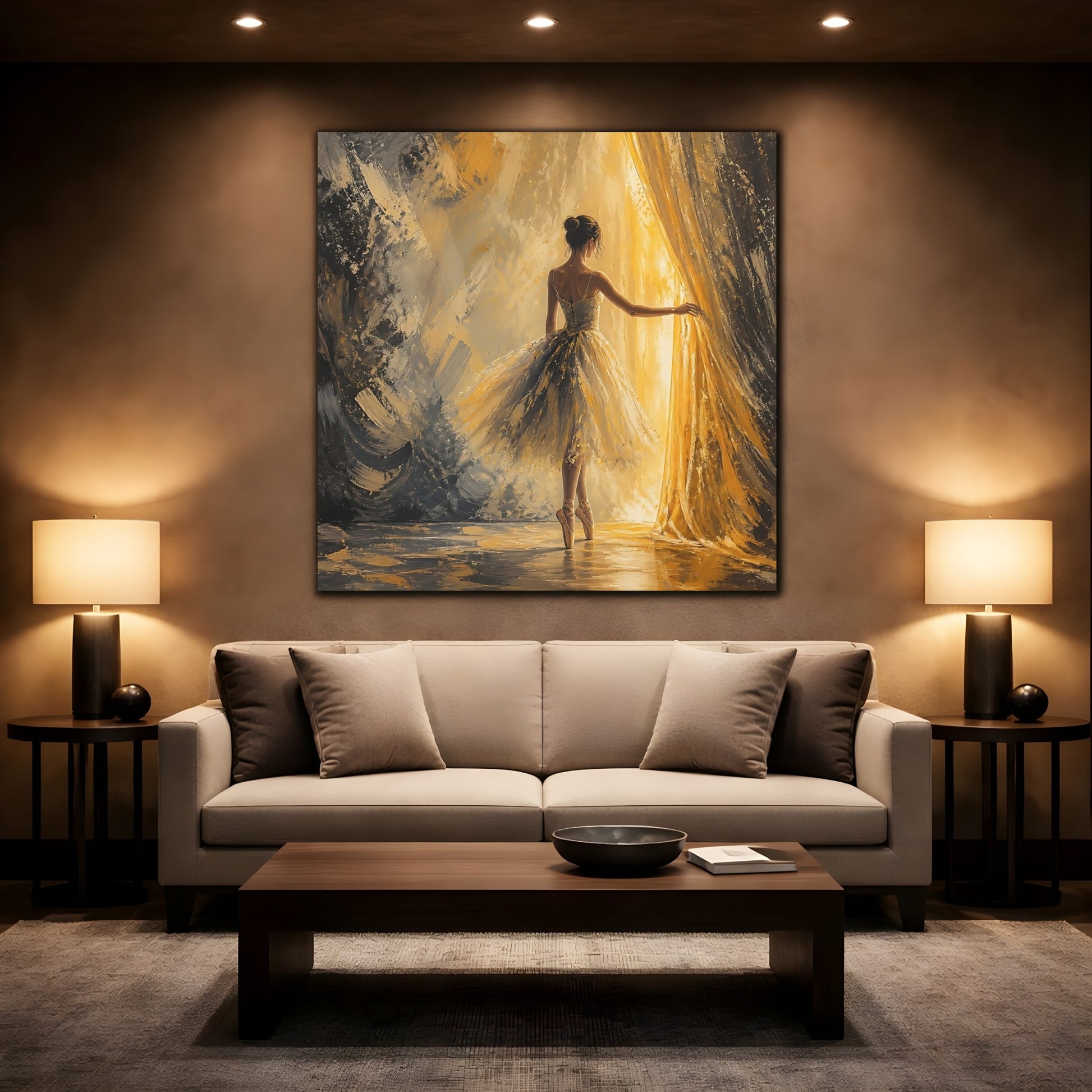 Mockup 2. Abstract Ballerina Gold And Grey shown as canvas print