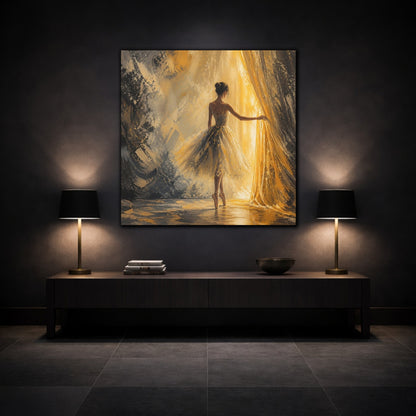 Mockup 3. Abstract Ballerina Gold And Grey shown as canvas print