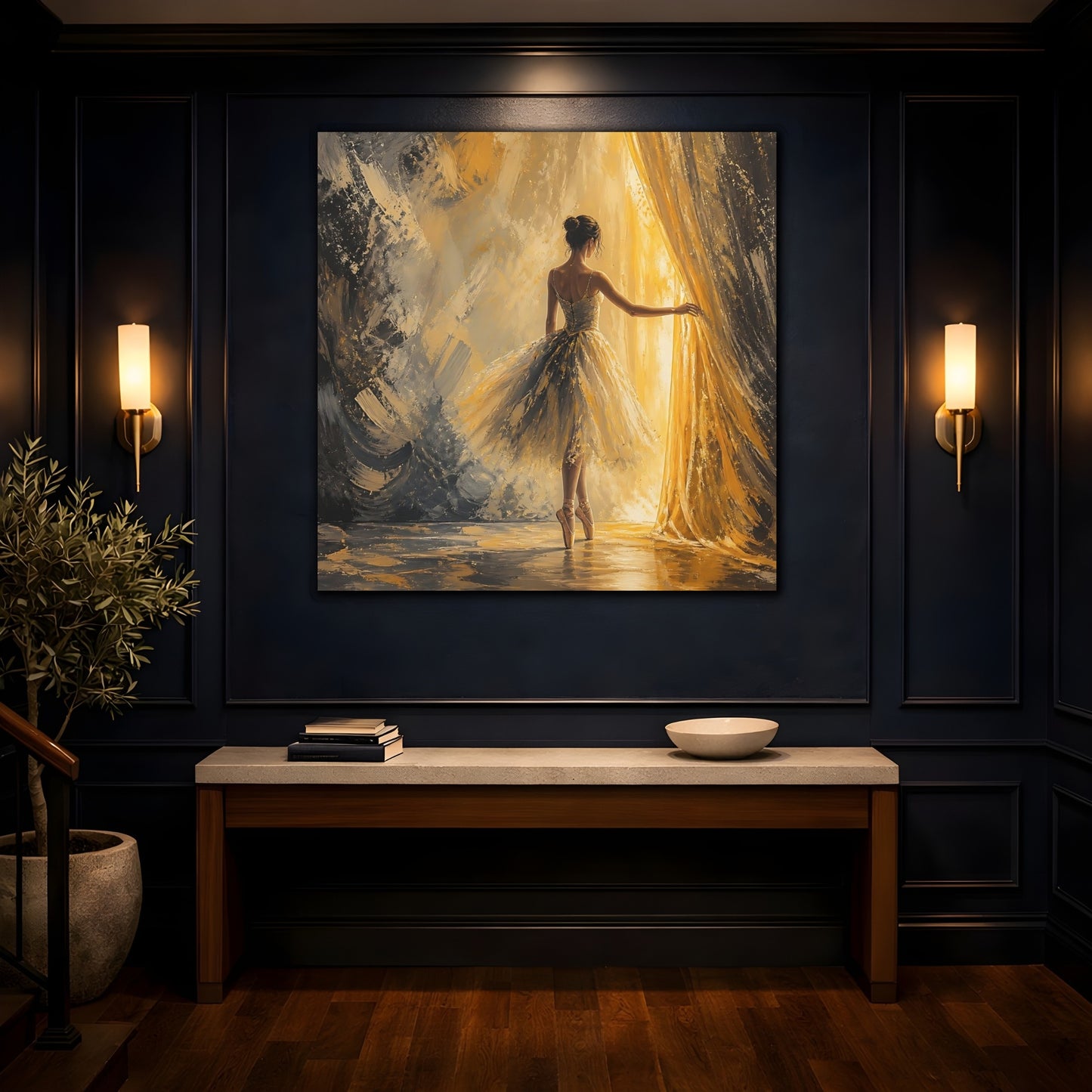 Mockup 4. Abstract Ballerina Gold And Grey shown as canvas print