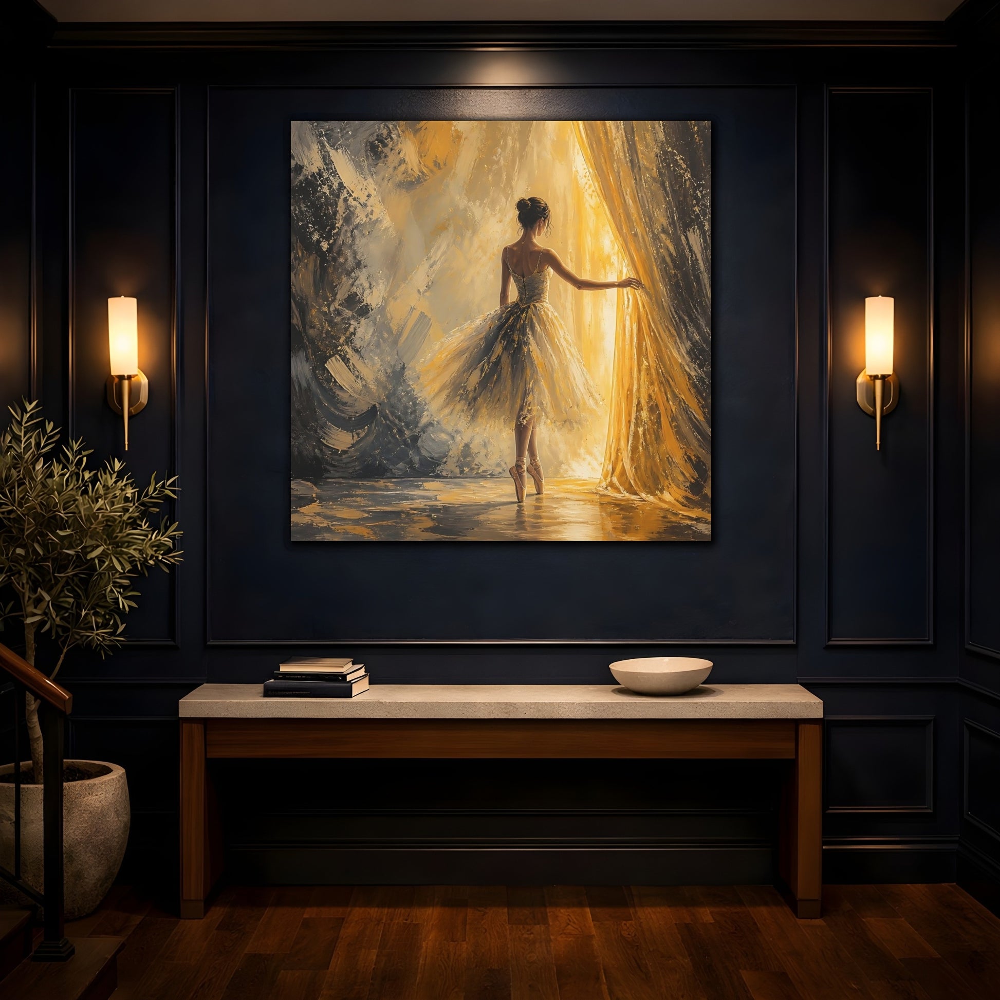 Mockup 4. Abstract Ballerina Gold And Grey shown as canvas print