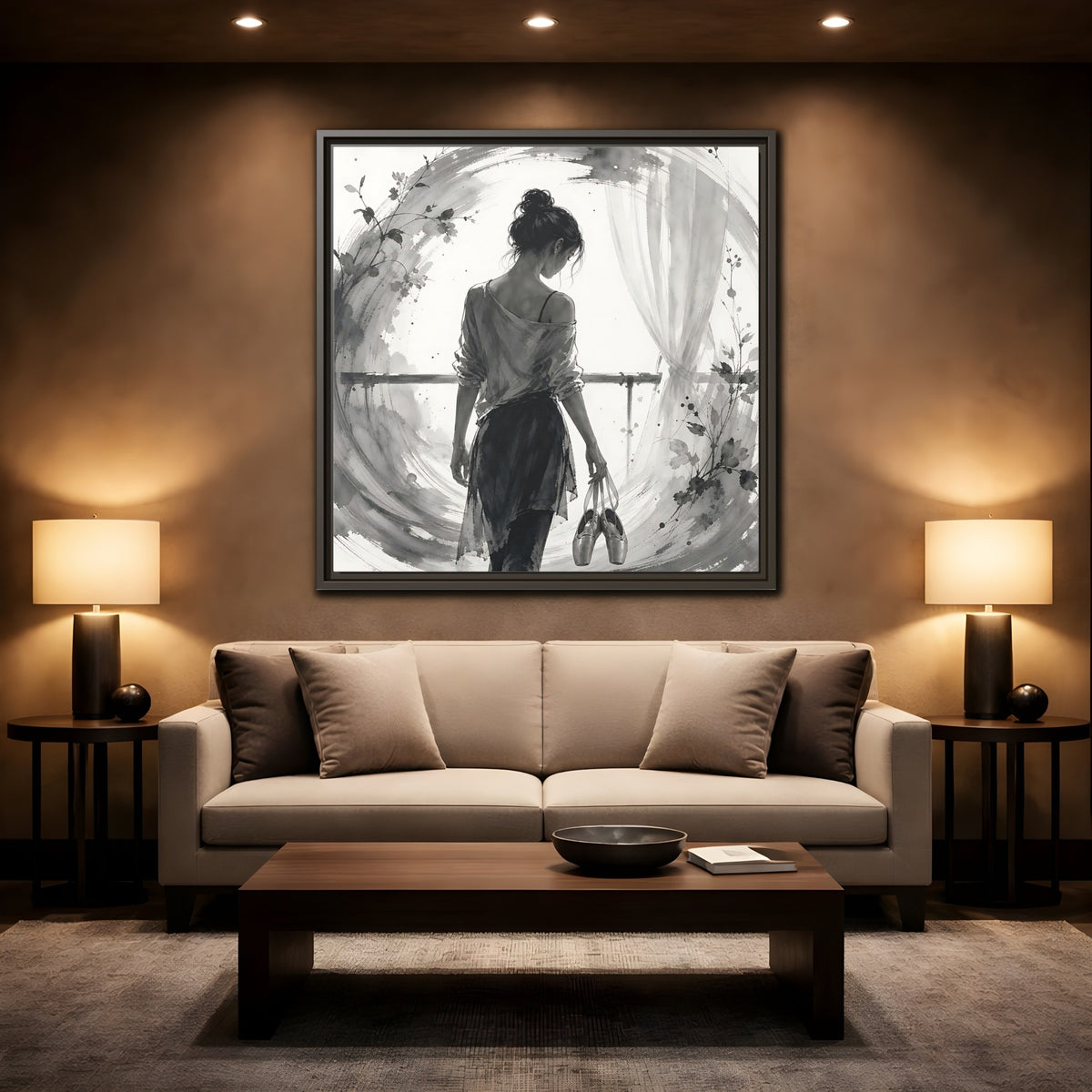 Mockup 2. Abstract Ballerina Monochrome Ballerina shown as framed canvas print