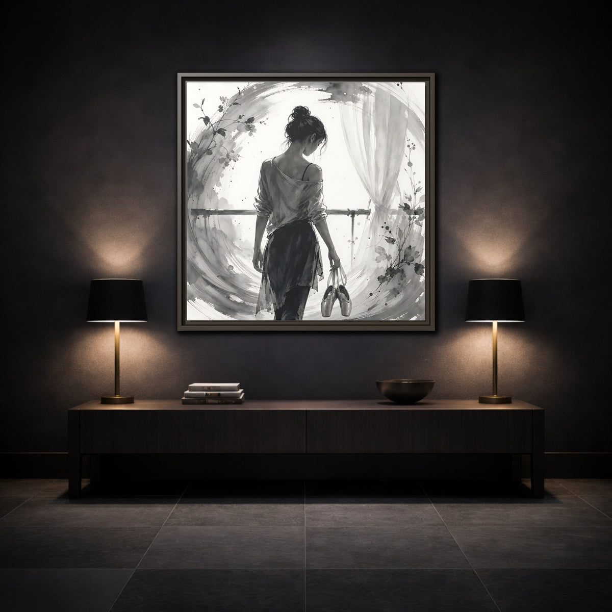 Mockup 3. Abstract Ballerina Monochrome Ballerina shown as framed canvas print