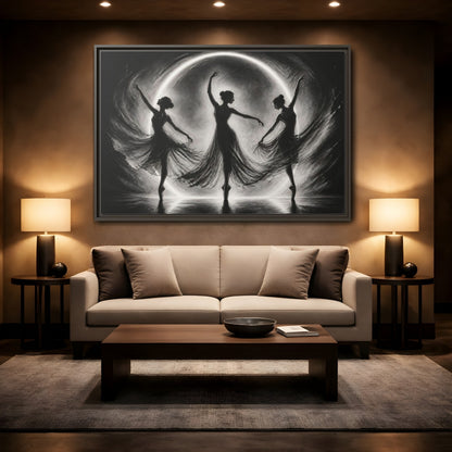 Mockup 2. Abstract Ballet Dancers Black White Ballet shown as framed canvas print