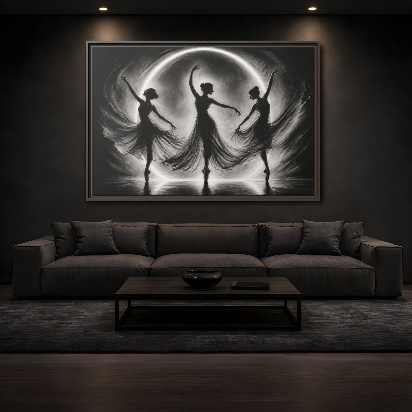 Mockup 3. Abstract Ballet Dancers Black White Ballet shown as framed canvas print