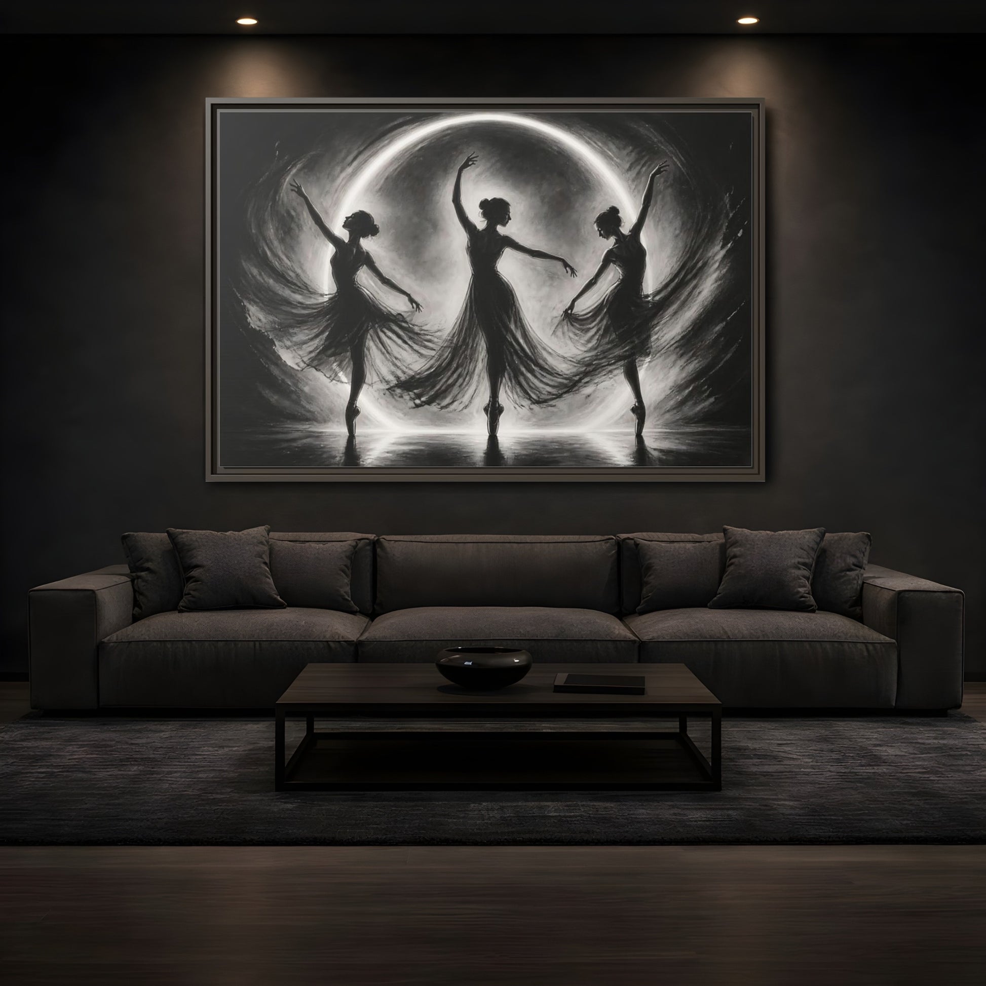 Mockup 3. Abstract Ballet Dancers Black White Ballet shown as framed canvas print