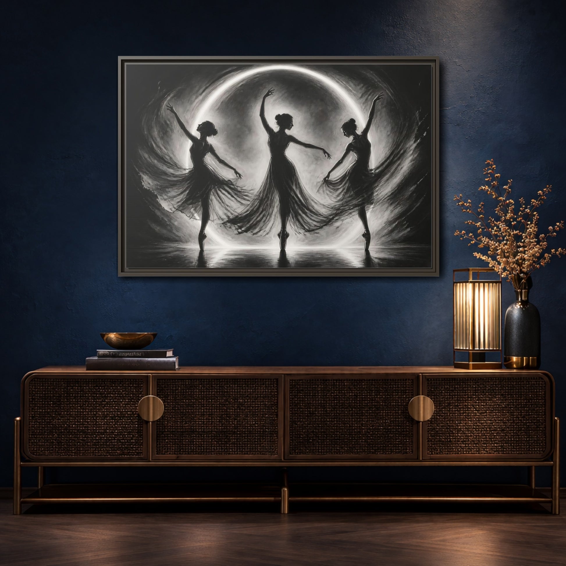 Mockup 4. Abstract Ballet Dancers Black White Ballet shown as framed canvas print