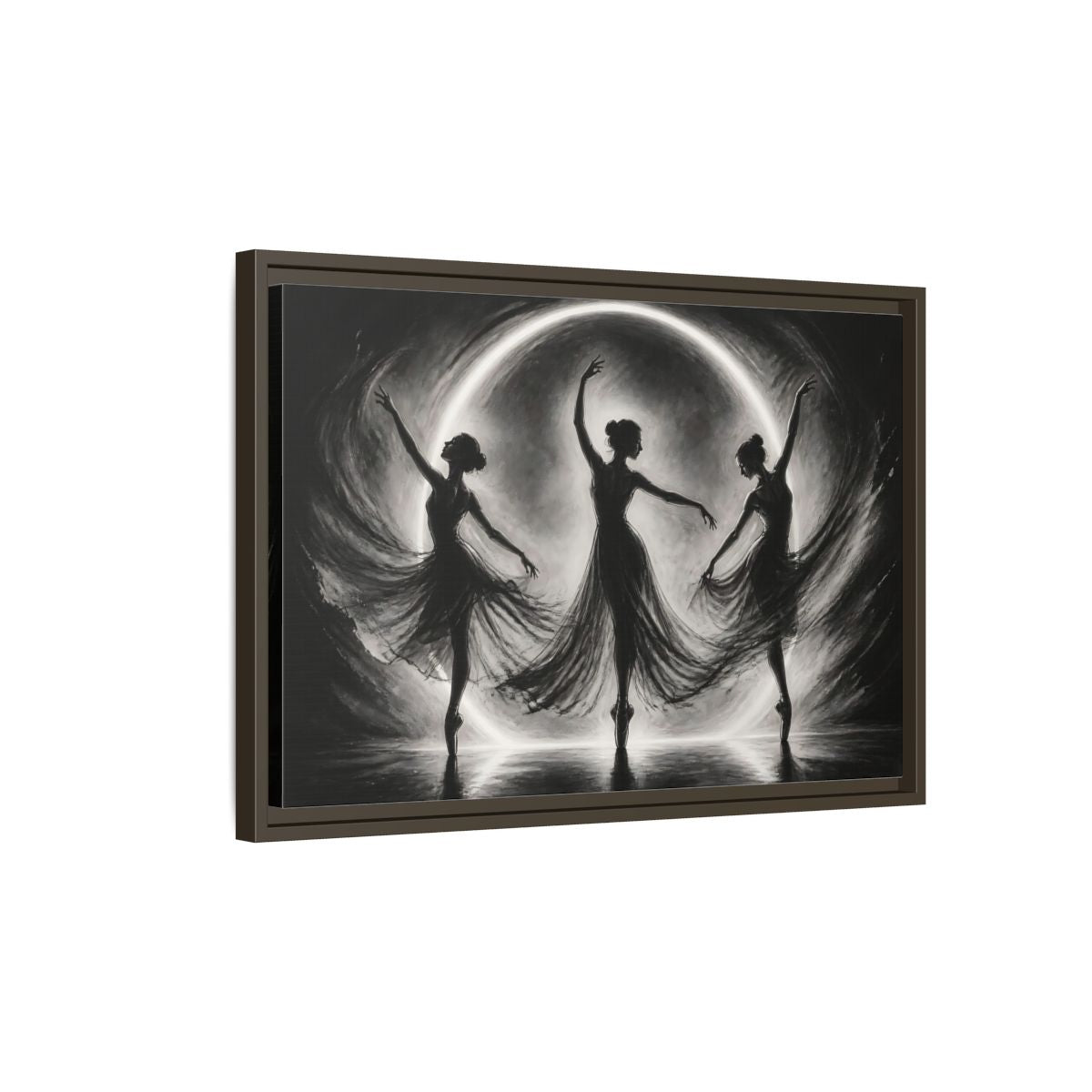 Side Mockup 2. Abstract Ballet Dancers Black White Ballet shown as framed canvas print