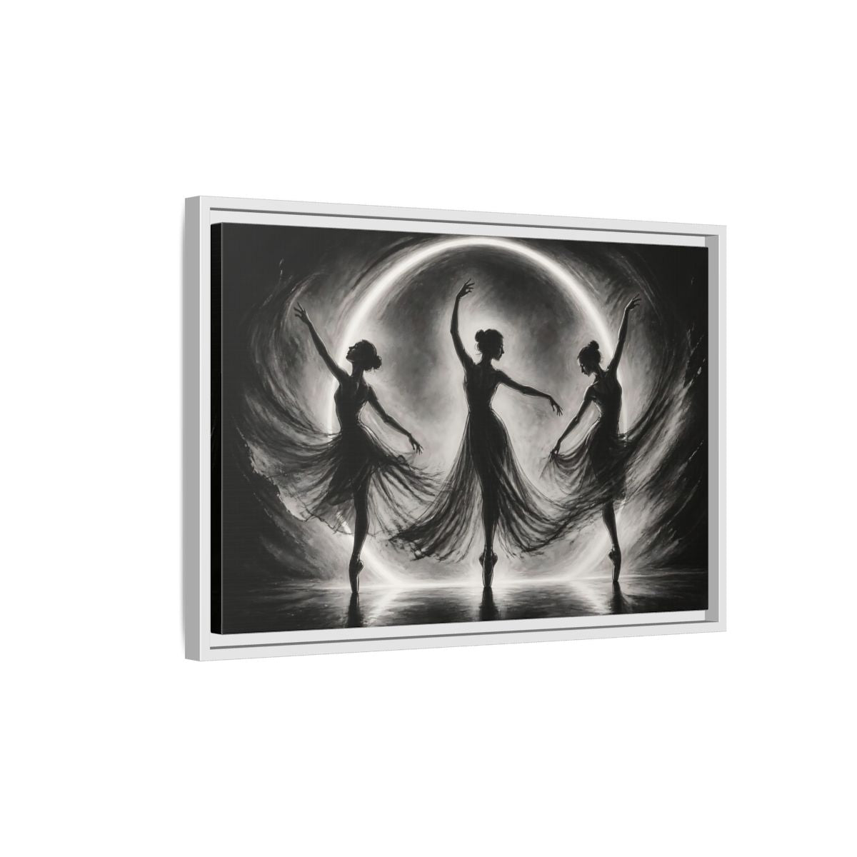 Side Mockup 1. Abstract Ballet Dancers Black White Ballet shown as framed canvas print