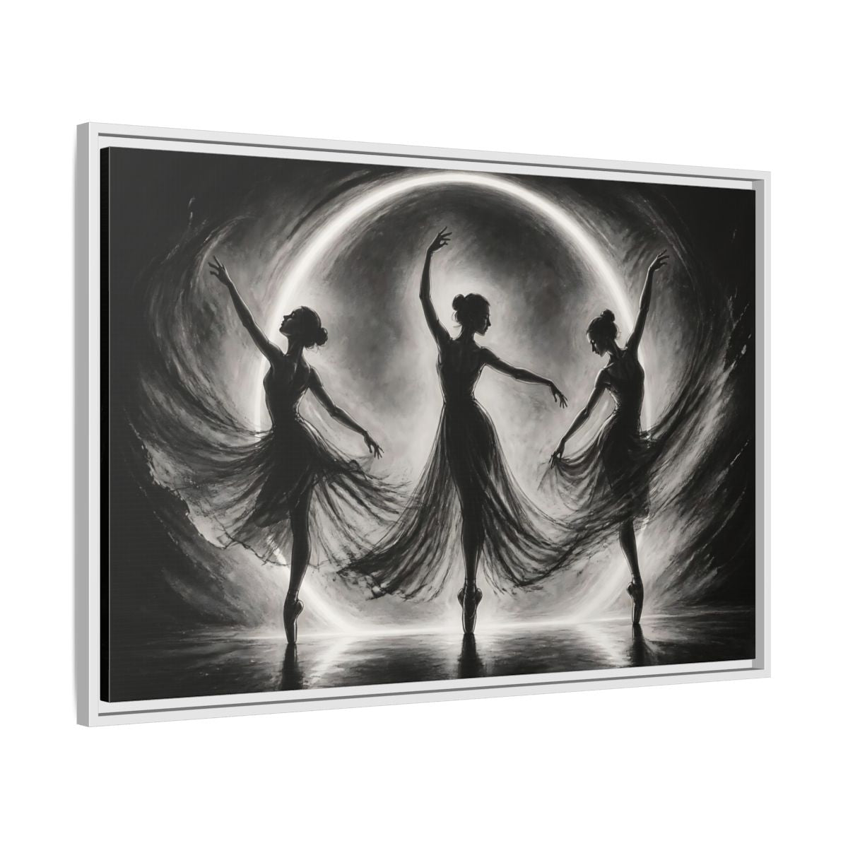 Side Mockup 9. Abstract Ballet Dancers Black White Ballet shown as framed canvas print