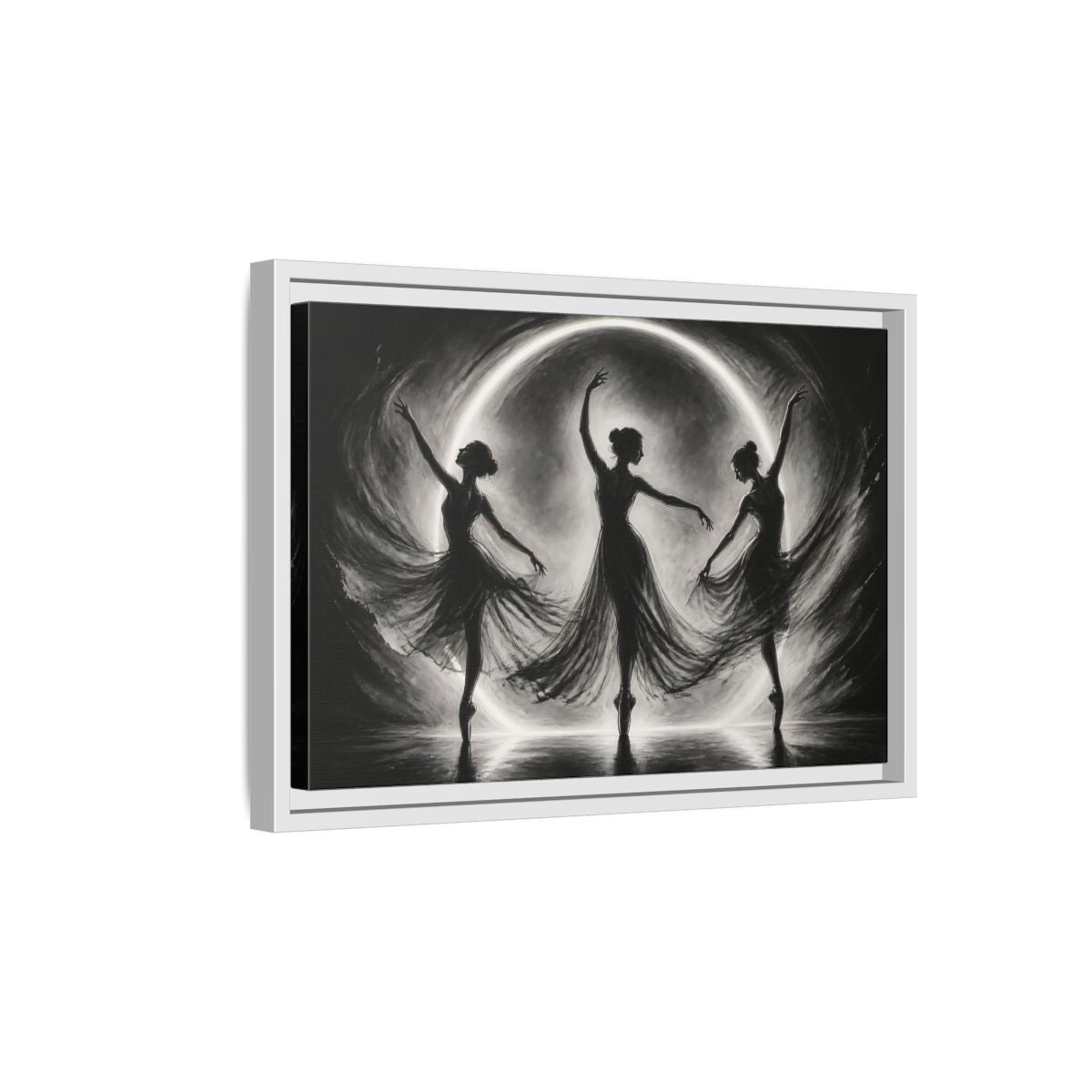 Side Mockup 4. Abstract Ballet Dancers Black White Ballet shown as framed canvas print