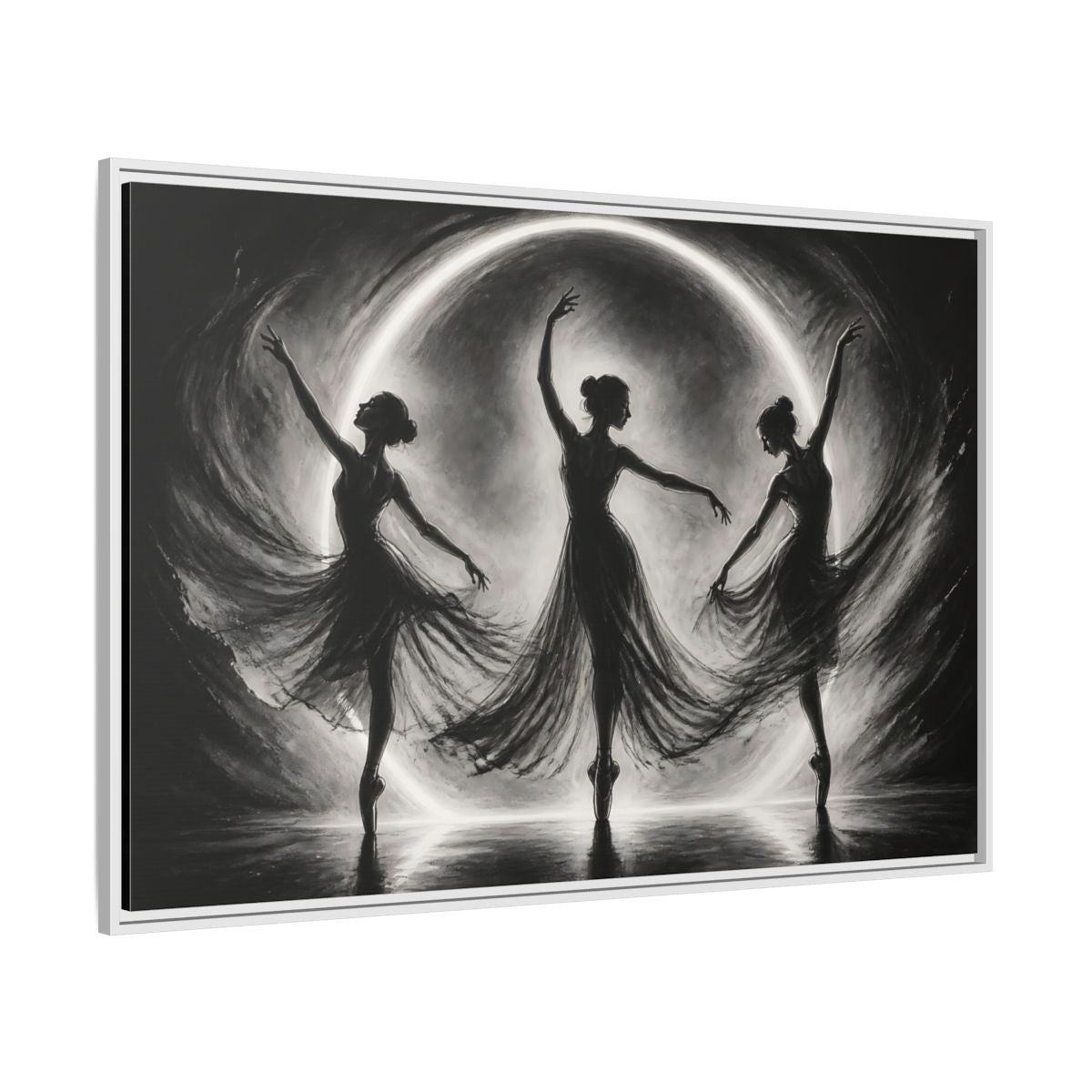 Side Mockup 7. Abstract Ballet Dancers Black White Ballet shown as framed canvas print