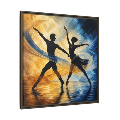 Main Mockup. Abstract Ballet Dancers Gold Blue Ballet shown as framed canvas print