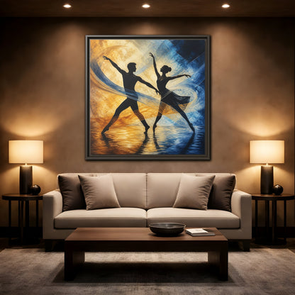 Mockup 2. Abstract Ballet Dancers Gold Blue Ballet shown as framed canvas print