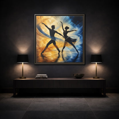 Mockup 3. Abstract Ballet Dancers Gold Blue Ballet shown as framed canvas print