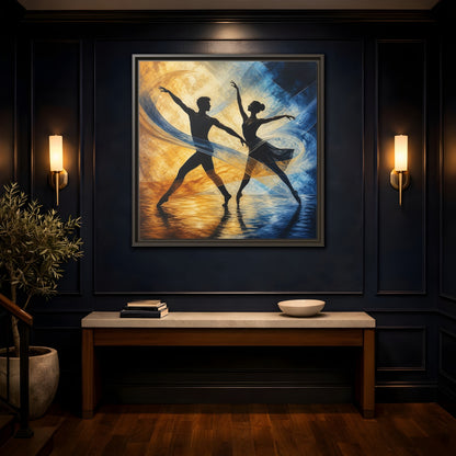 Mockup 4. Abstract Ballet Dancers Gold Blue Ballet shown as framed canvas print