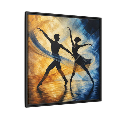 Side Mockup 9. Abstract Ballet Dancers Gold Blue Ballet shown as framed canvas print