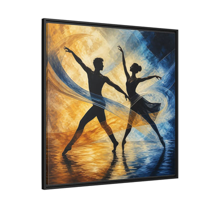 Side Mockup 6. Abstract Ballet Dancers Gold Blue Ballet shown as framed canvas print