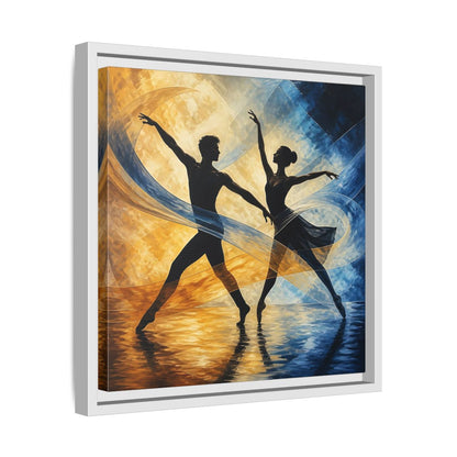 Side Mockup 28. Abstract Ballet Dancers Gold Blue Ballet shown as framed canvas print