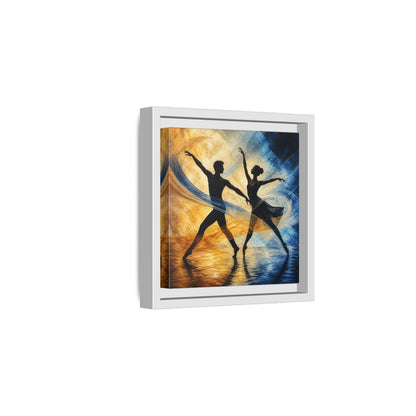 Side Mockup 1. Abstract Ballet Dancers Gold Blue Ballet shown as framed canvas print