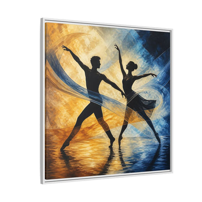 Side Mockup 4. Abstract Ballet Dancers Gold Blue Ballet shown as framed canvas print