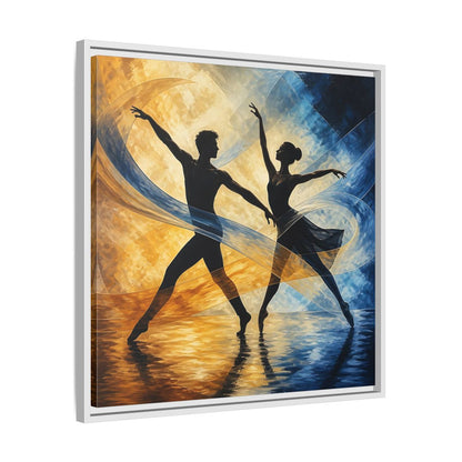 Side Mockup 26. Abstract Ballet Dancers Gold Blue Ballet shown as framed canvas print