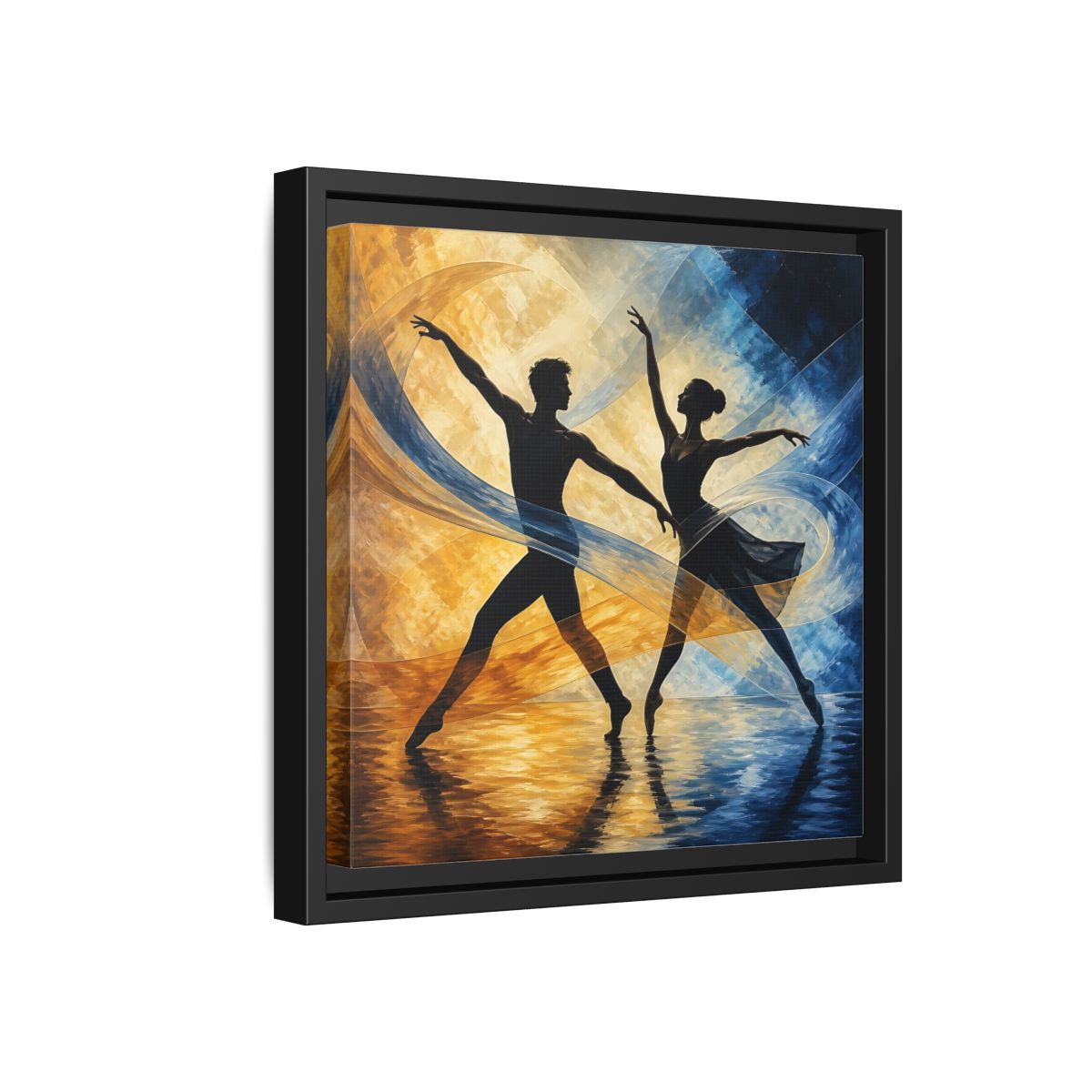 Side Mockup 18. Abstract Ballet Dancers Gold Blue Ballet shown as framed canvas print