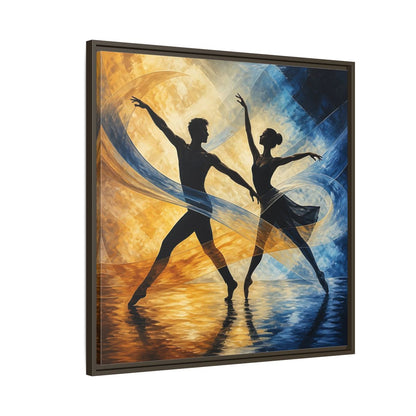 Side Mockup 8. Abstract Ballet Dancers Gold Blue Ballet shown as framed canvas print