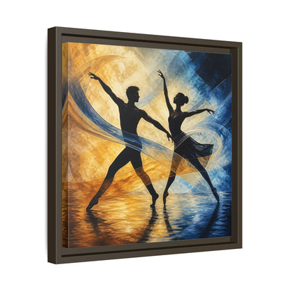 Side Mockup 29. Abstract Ballet Dancers Gold Blue Ballet shown as framed canvas print