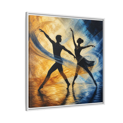 Side Mockup 7. Abstract Ballet Dancers Gold Blue Ballet shown as framed canvas print