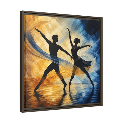 Side Mockup 27. Abstract Ballet Dancers Gold Blue Ballet shown as framed canvas print