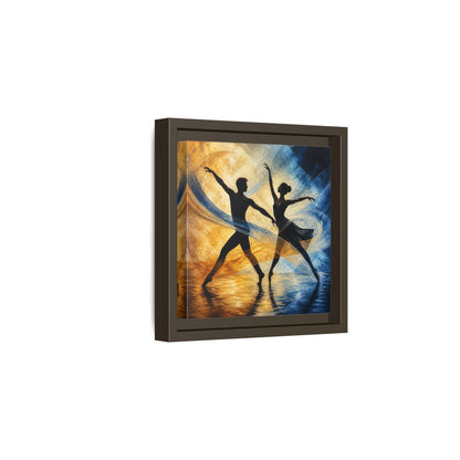 Side Mockup 2. Abstract Ballet Dancers Gold Blue Ballet shown as framed canvas print