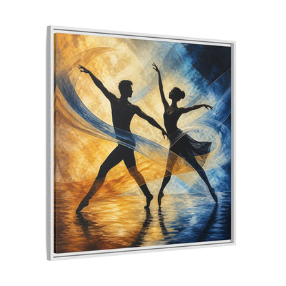 Side Mockup 25. Abstract Ballet Dancers Gold Blue Ballet shown as framed canvas print