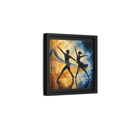 Side Mockup 3. Abstract Ballet Dancers Gold Blue Ballet shown as framed canvas print