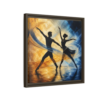 Side Mockup 14. Abstract Ballet Dancers Gold Blue Ballet shown as framed canvas print