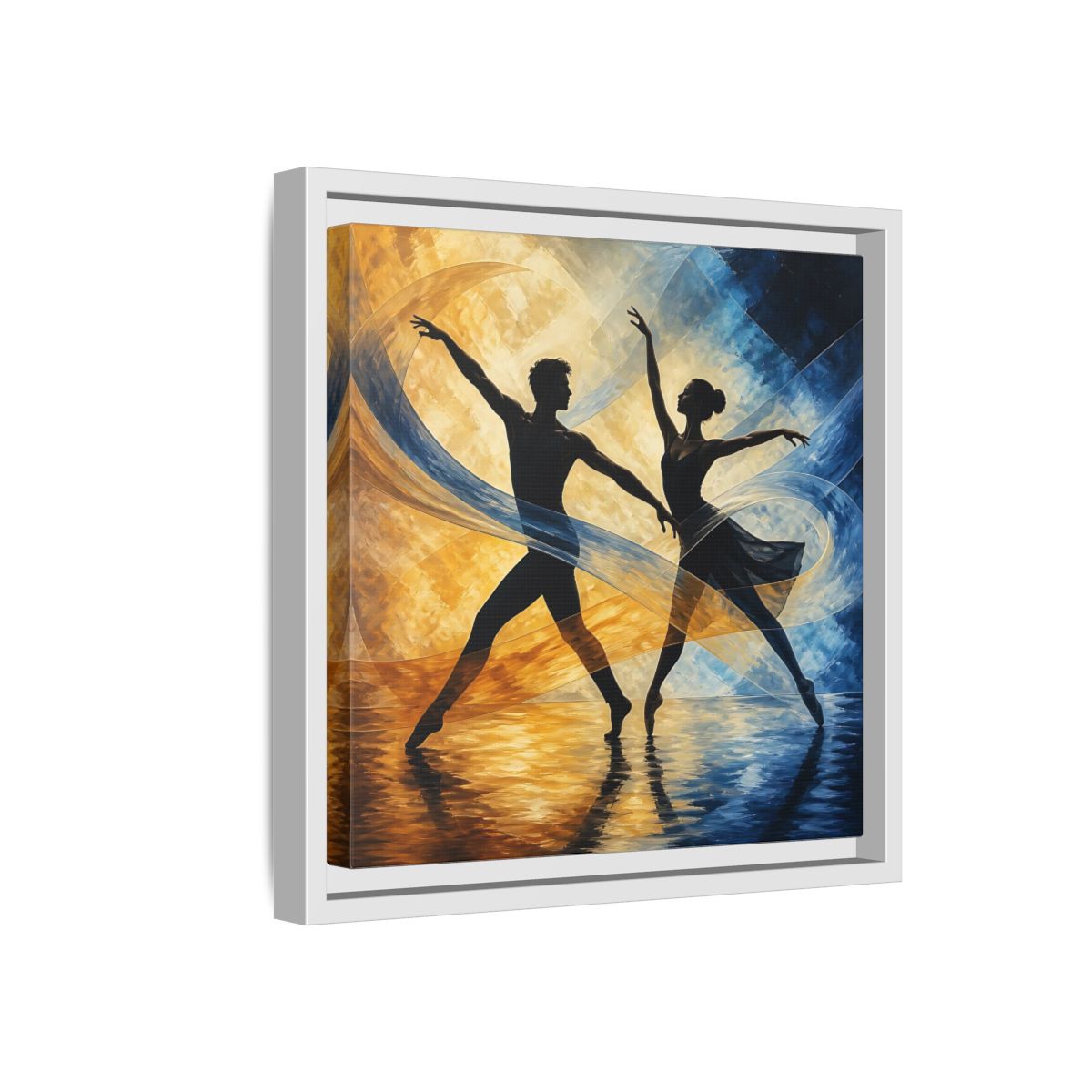 Side Mockup 16. Abstract Ballet Dancers Gold Blue Ballet shown as framed canvas print