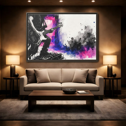 Mockup 2. Abstract Bass Player Vibrant Bass Player Art shown as framed canvas print
