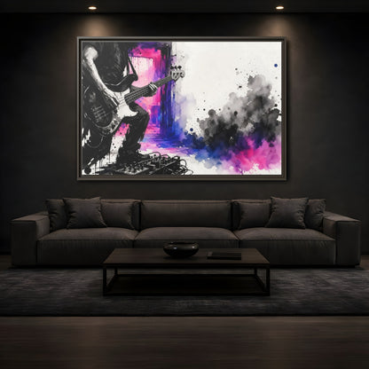Mockup 3. Abstract Bass Player Vibrant Bass Player Art shown as framed canvas print