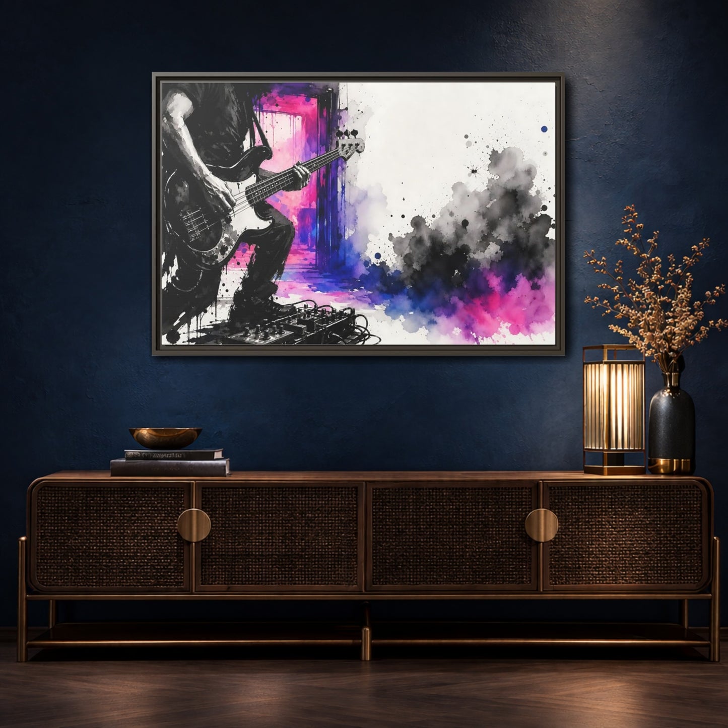 Mockup 4. Abstract Bass Player Vibrant Bass Player Art shown as framed canvas print
