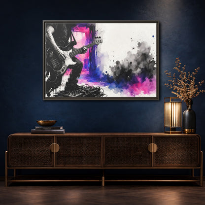 Mockup 4. Abstract Bass Player Vibrant Bass Player Art shown as framed canvas print