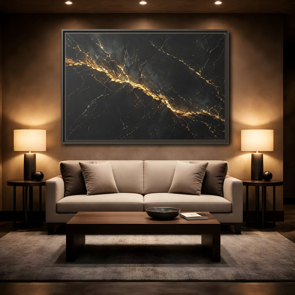Mockup 2. Abstract Black Marble Black Gold shown as stretched canvas wall art