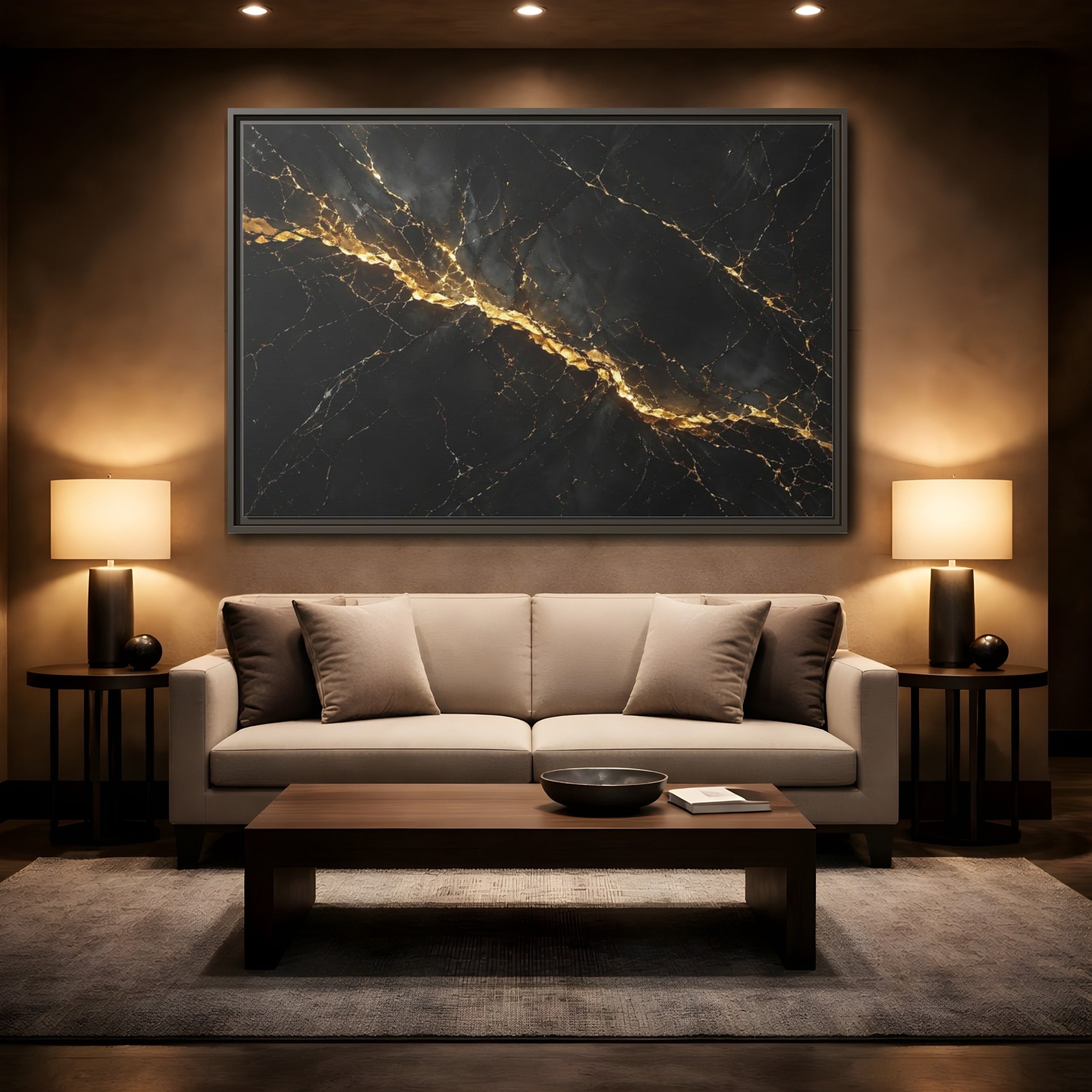 Mockup 2. Abstract Black Marble Black Gold shown as stretched canvas wall art